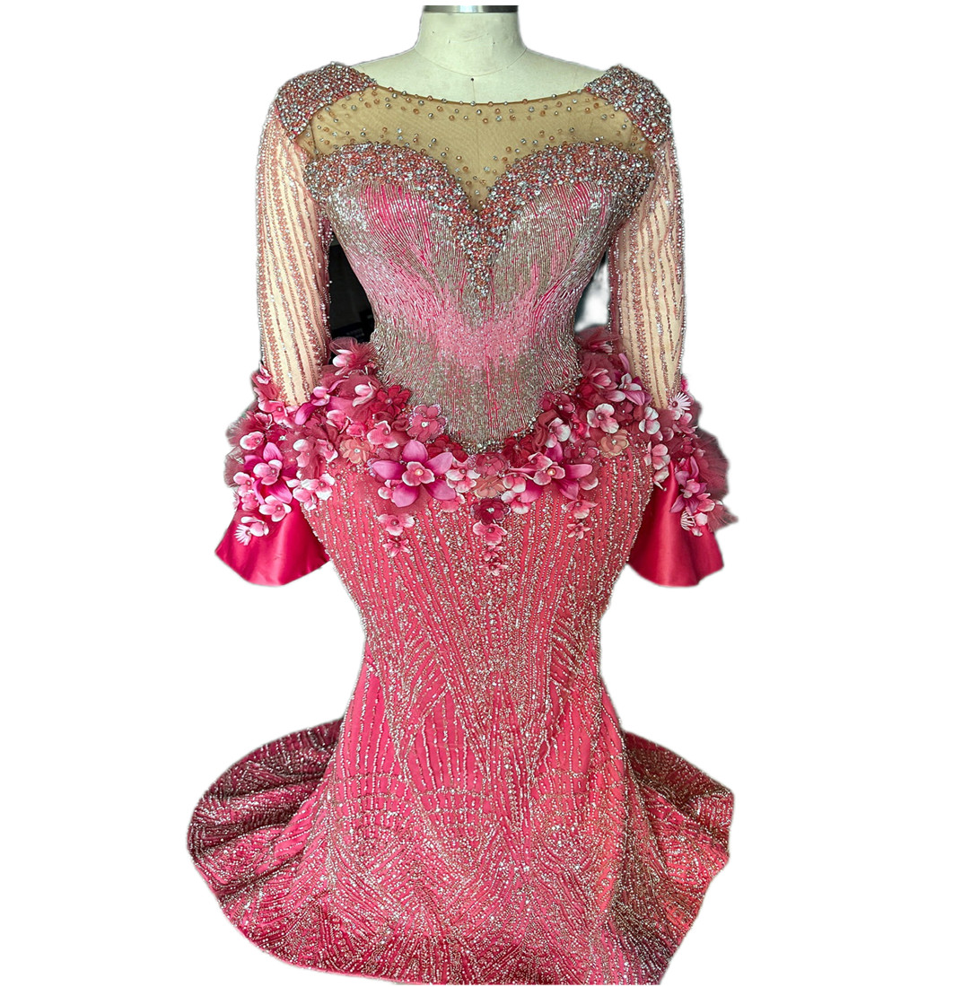 2024 Aso Ebi Arabic Fuchsia Mermaid Prom Dress Beaded Rhinestones Flowers Evening Formal Party Second Reception Birthday Engagement Gowns Dresses Robe