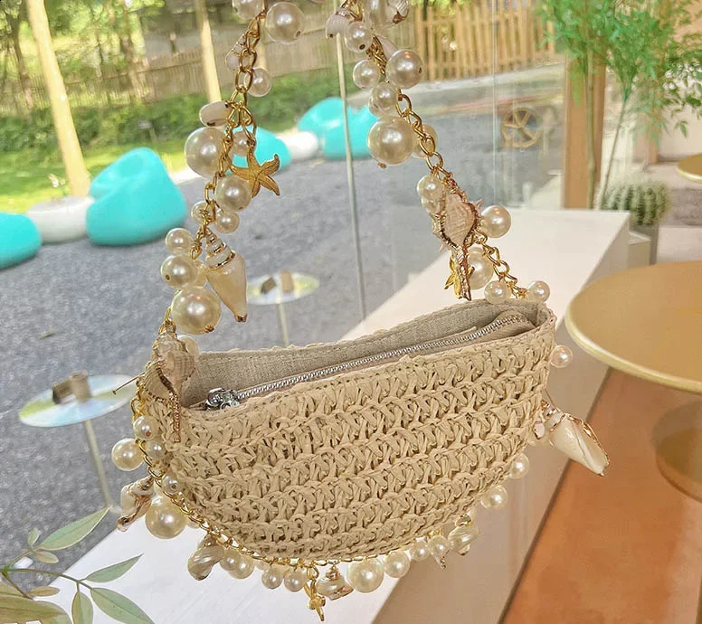 Fashion Pearl Straw Cross Body er Bohemian Lattan Beach Womens Shoulder Messenger Bag Handbag 240904 87b8