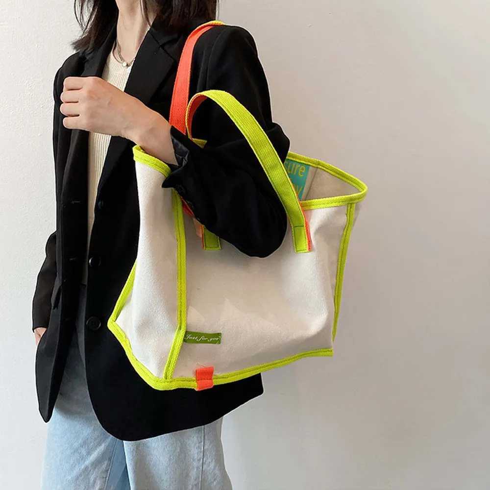 Vegan Canvas Tote Bags Women Fashion Versatile Hasp Contrast Handbags Ladies Simple Casual Large Capacity Shopping Shoulder Bag Z240910