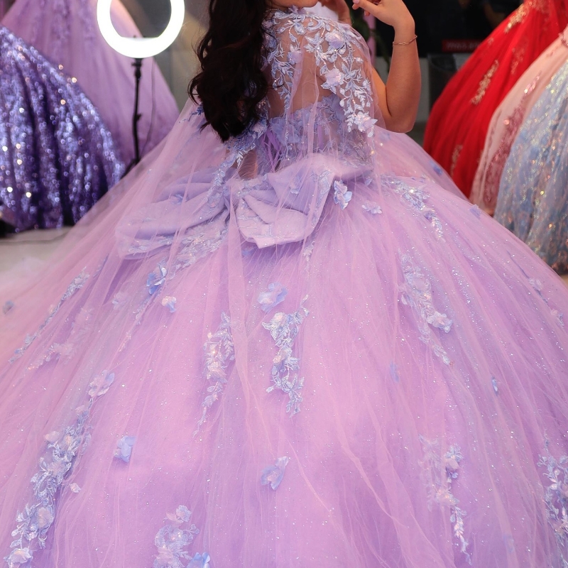 Lilac Mexican Quinceanera Dressess With Cape Applique Bow Tull vestido 15 quinceaneras Corset Lace Up Sweet 16 Dress