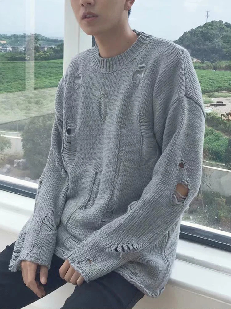 Spring and Autumn Mens Knitted Sweater with Large Tear Hole Irregular Fashionable Retro Long Sleeve Round Neck Loose Pulling 240907