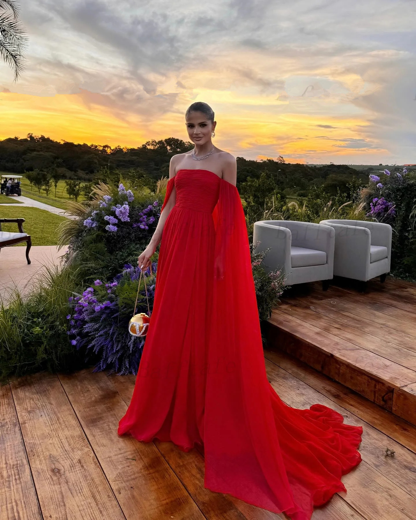 Red Chiffon Formal Prom Dresses Off The Shoulder Long Sleeves Special Occasion Event Party Gowns Evening Dress 2024