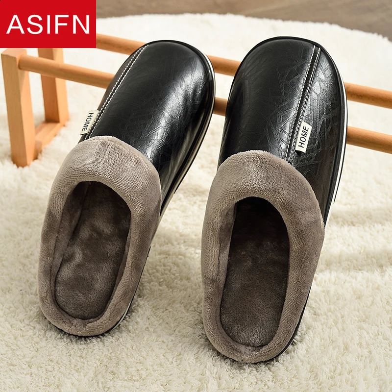 Mens Big Size Winter Slippers Home PU Leather Shoes for Men Indoor Waterproof Fur Cotton Male Bedroom Slipper Flat Houseshoes 240914