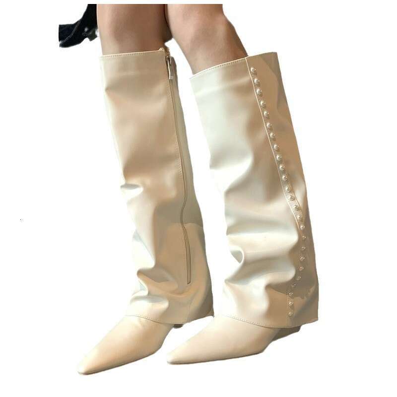 Designer Boot Show Off Skinny Legs White Leg Boots 2024 New Internet Celebrity Fat Pointed Slope Heel High Barrel Over Knee Long Tube Fashion Boots Fo