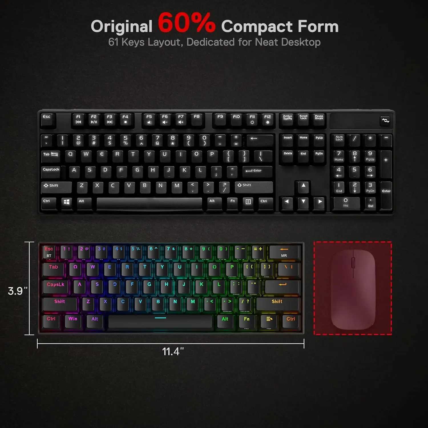 Keyboards Redragon K530 Pro Draconic 60% Wireless RGB 3-Mode 61 Keys Gaming Hot-Swap Mechanical Keyboard y240910