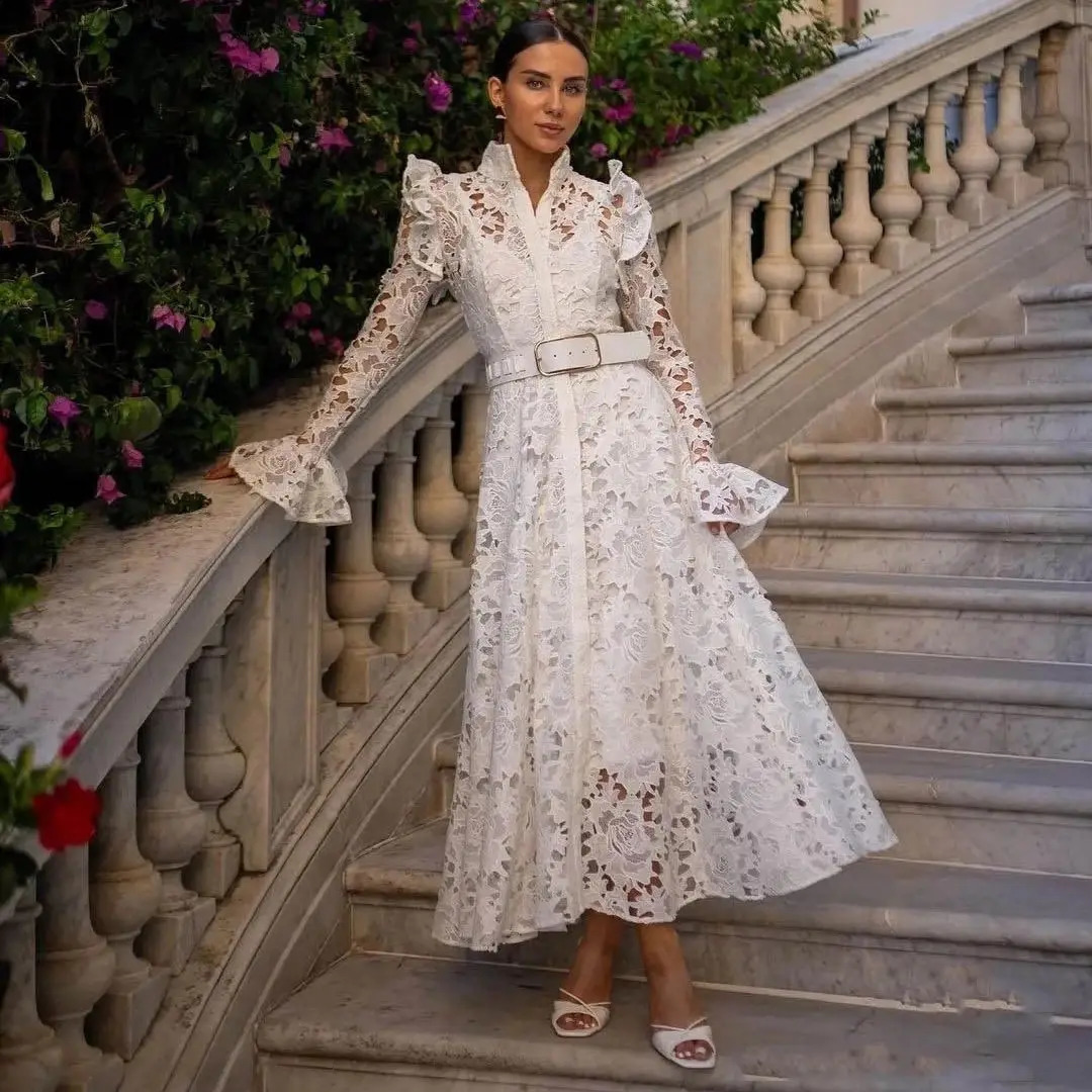 Chaney er Style Stand up Collar Flame Sleep Midi Hollow Lace Dress Elegant Party Evening Dress Retro Robe 240903