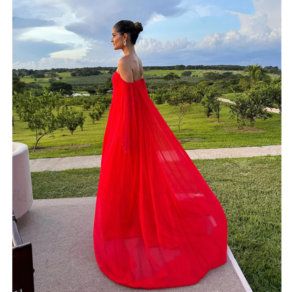 Red Chiffon Formal Prom Dresses Off The Shoulder Long Sleeves Special Occasion Event Party Gowns Evening Dress 2024
