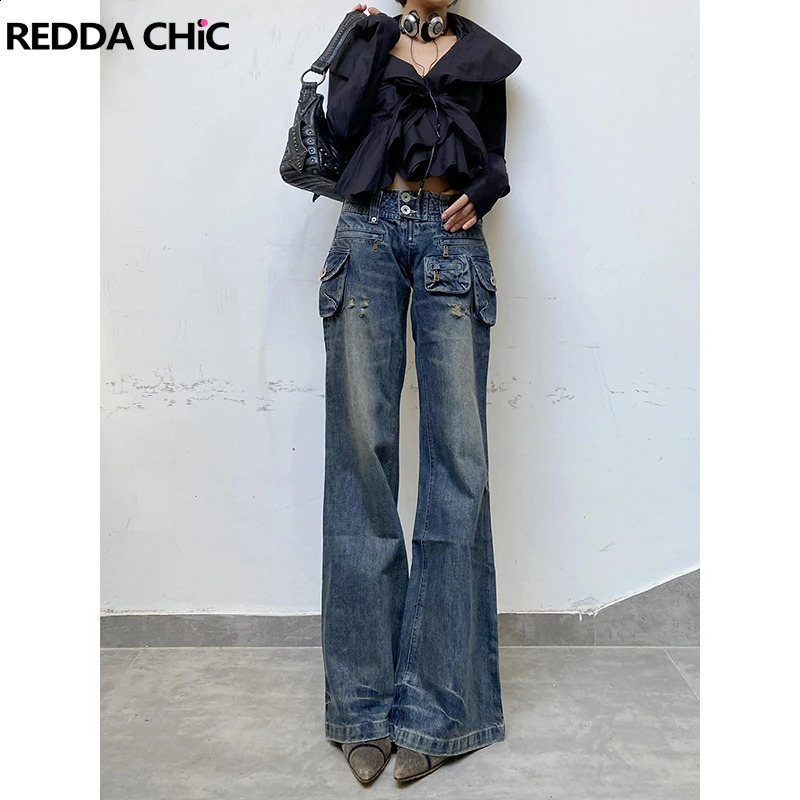 REDDACHiC Grayu Y2k Women Wide Leg Cargo Jeans Multi-pocket Flare Low Waist Distressed Ripped Bootcut Pants Vintage Streetwear 240906