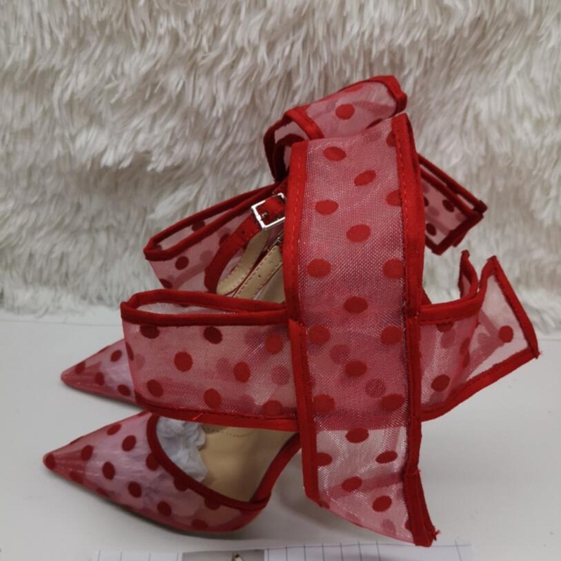 Polka Dot Butterfly High Heel Pumps Clear Mesh Pointed Toe Big Ankle Strap Hollow Thin Heels Women Banquet Shoes