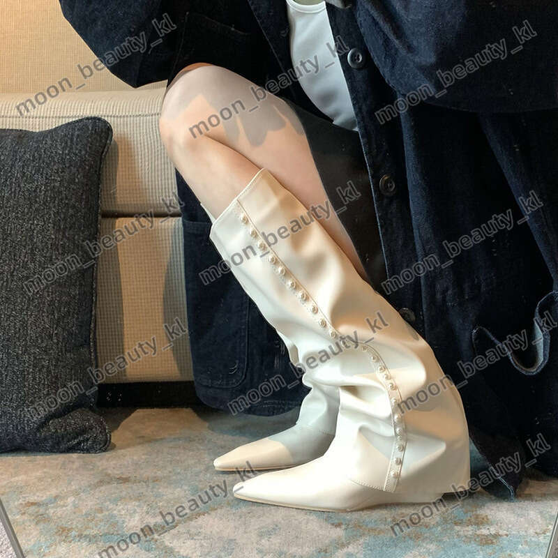 Designer Boot Show Off Skinny Legs White Leg Boots 2024 New Internet Celebrity Fat Pointed Slope Heel High Barrel Over Knee Long Tube Fashion Boots Fo