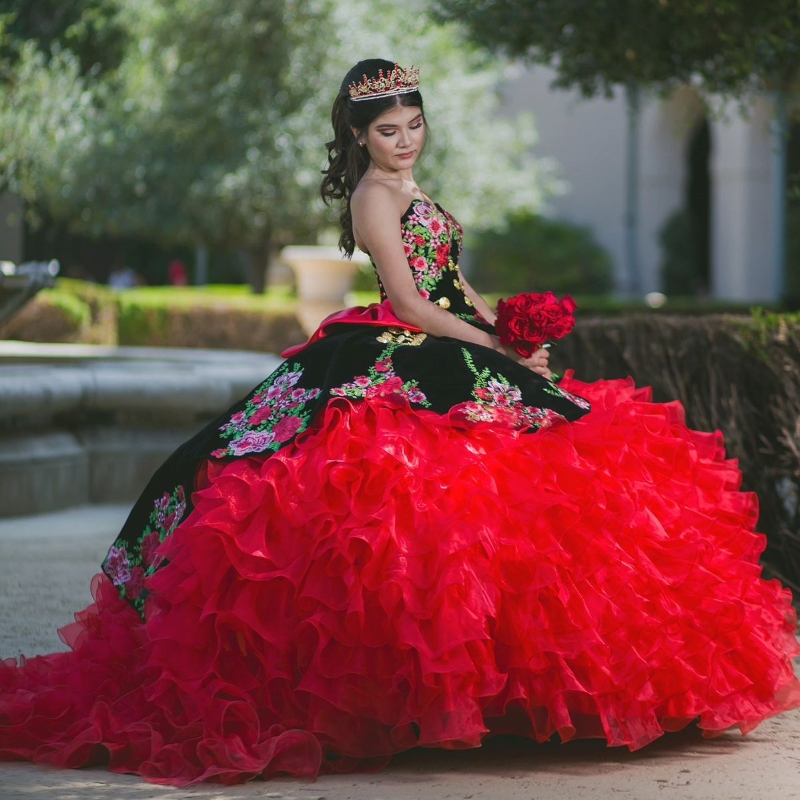 Red Dresses Off The Shoulder Embroidery Bow Tull Tiered Ball Gown Vestidos 15 De Quinceanera Sweet 16 Dress