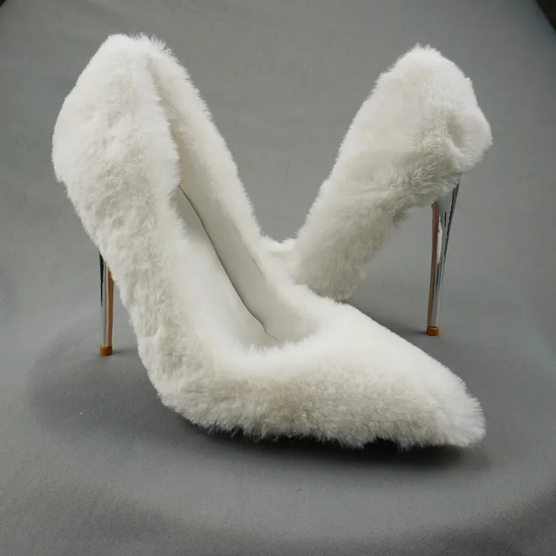 NoEnName_Null-Wedding Shoes High Heels Platform Pumps Woman Party Dress Stiletto White plush high-heeled shoes 12cm 240904