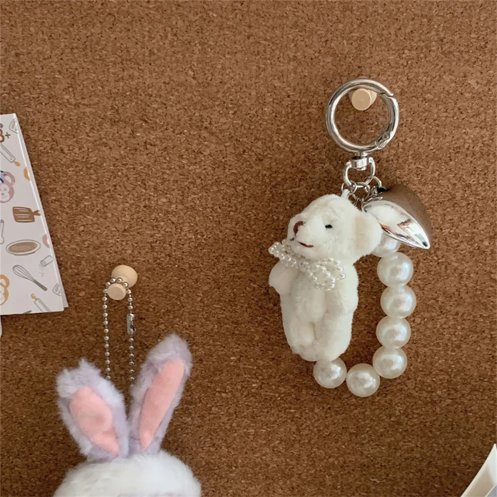 Korean cute fluffy teddy bear pearl bow pendant keychain used for car keys iPhone accessories fashionable heart-shaped keychains womens handbags 24091