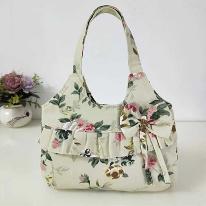 Women Canvas Handbag Bow Shoulder Bag Female Flower Printed FAshion Small Canvas Bag Mobile Phone Bag Coin Purse Mini Bag Z240910