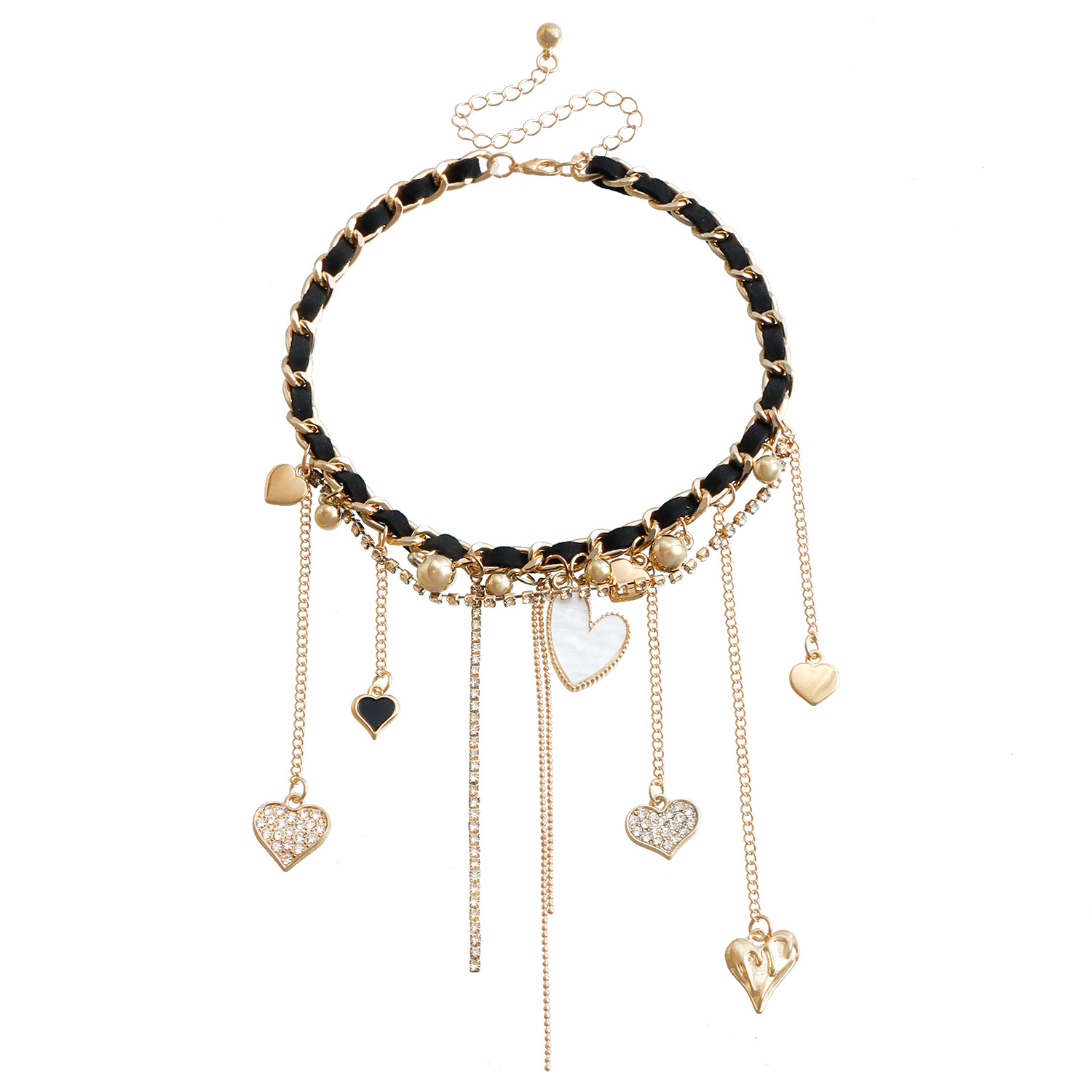 Fashion Trend Bead Tassel Heart Pendants Choker Necklace For Women Gold Plated Zinc Alloy Layered Chain Crystal Luxury Party Birthday Gifts Jewelry