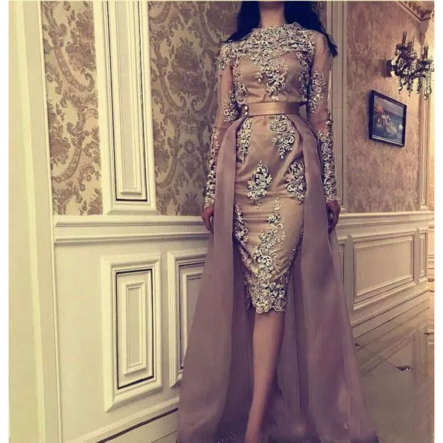 Hot Evening Sale Sexy Dresses Wear Jewel Neck Lace Appliques Satin Tulle Overskirts Long Sleeves Custom Made Arabic Party Prom Gowns