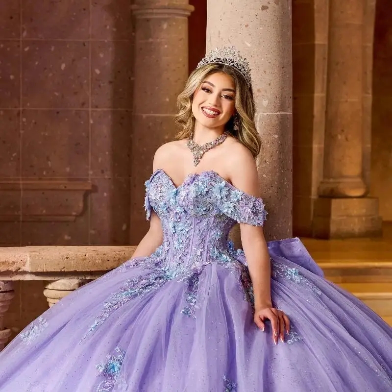Lavender Shiny Quinceanera Dresses Sweet 16 Dress Lace Applique Beads Tull Off Shoulder Lace-up Prom Ball Gowns Vestido De 15 Anos