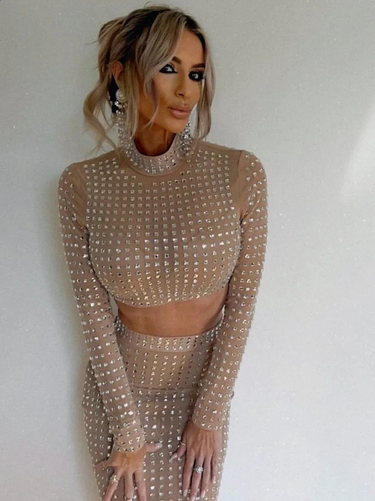 Ins WomenSexy Long Sleeve Black Khaki Pink Skiwear Lace Mesh Crystal Club Party Two Piece Set 240903