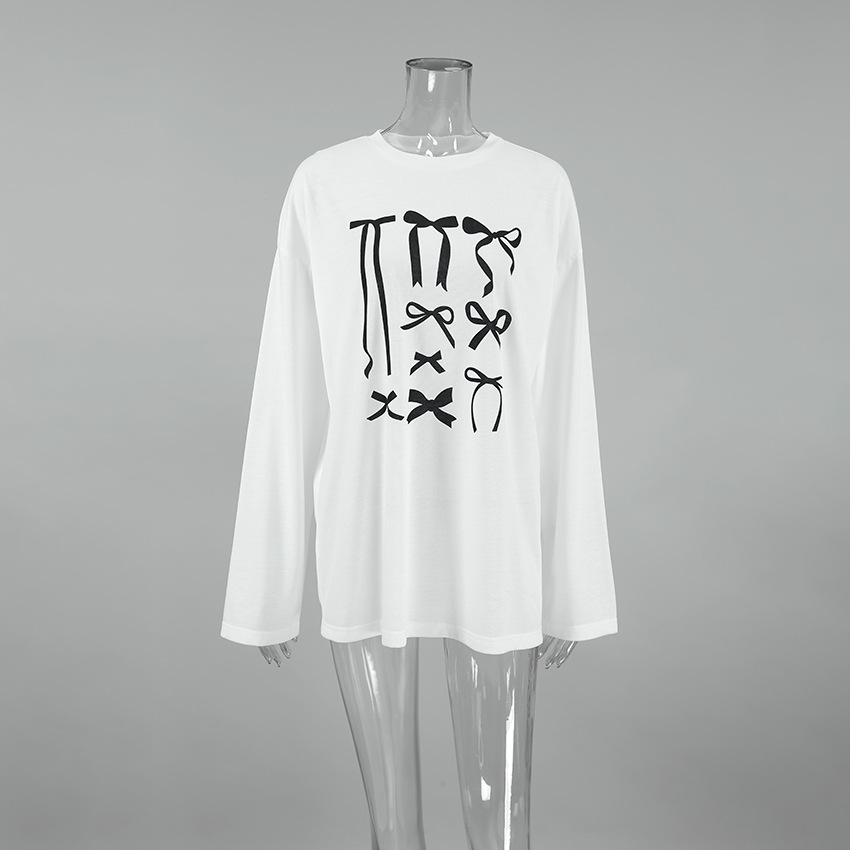 Round Neck Loose Pullover Bow Graffiti Print Casual T-shirt 2024 European And American Autumn And Winter Fashion New Style Inner Wear For Women Clothi