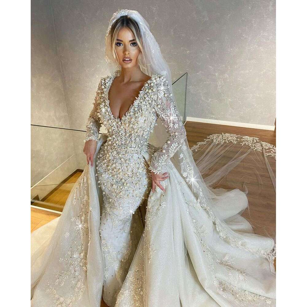 White Exquisite Wedding Dress Pearls Appliques Bridal Gowns Custom Made V Neck Long Sleeve Detachable Train Vestido De Novia estido