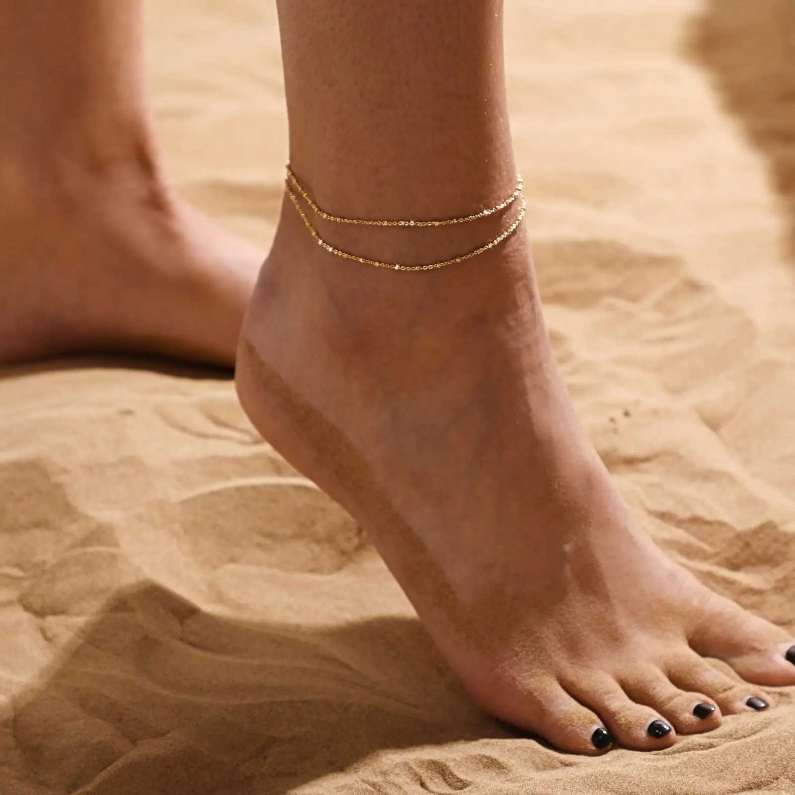 Ankle Bracelets 14 Gold Plated Layered lightweight Cuban Link Chain Gold Anklets Jewelry for women girlsX240910