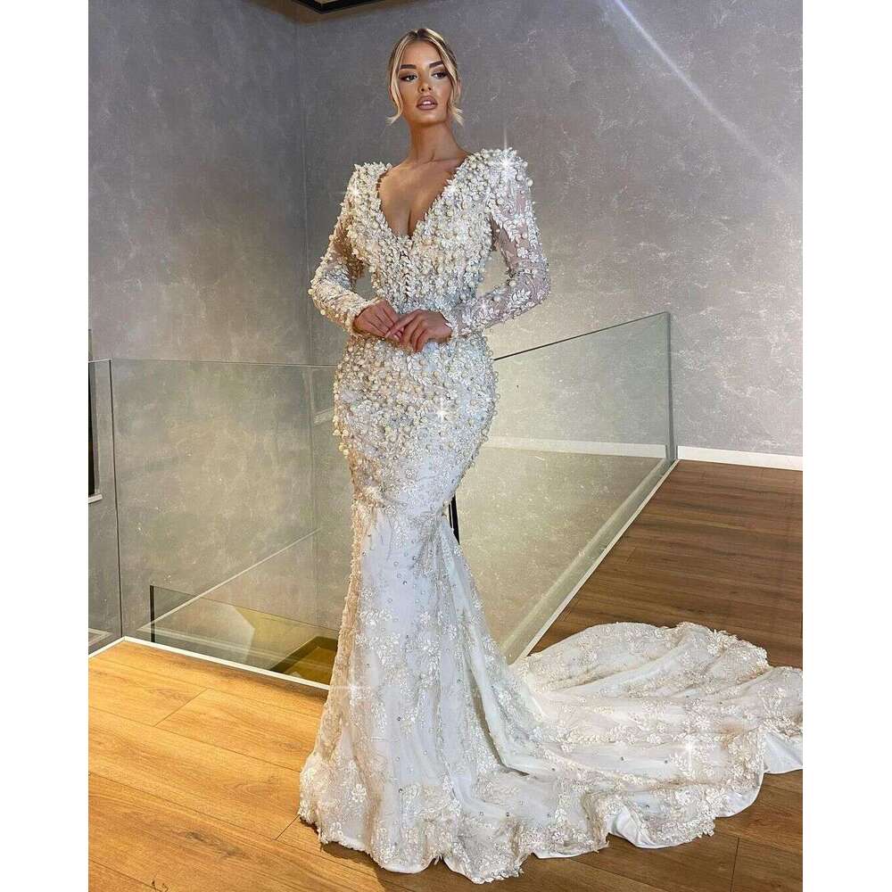 White Exquisite Wedding Dress Pearls Appliques Bridal Gowns Custom Made V Neck Long Sleeve Detachable Train Vestido De Novia estido