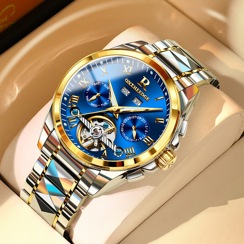 Elegant Men's Fully Automatic Mechanical Timepiece with Tourbillon Movement, Dual Calendars, and Hollow Case for Professional Use