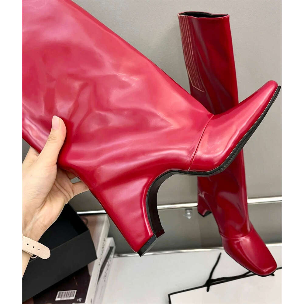 Arched Heel Knee High Santiago Black Red White Sier Artificial Leather Rubber Sole New Square Toes Fall Women's Boots
