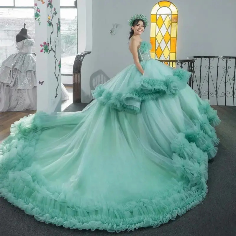 Light Green Quincenara Dresses Off The Shoulder Champagne Tull Tiered Quinceanera XV Sweet 16 Dress Ball Gown Vestidos De 15
