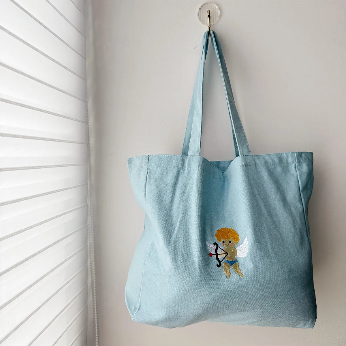 Cute Angel Embroidered Retro Style Canvas Reusable Tote Bags 80s 90s Street Shoulder Bags Ladies Casual Kpop Shopping Bags 240906