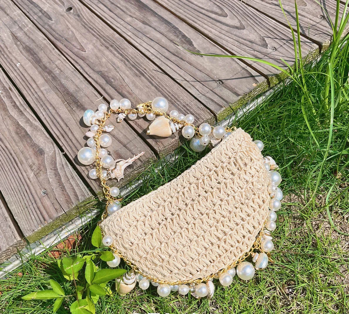 Fashion Pearl Straw Cross Body er Bohemian Lattan Beach Womens Shoulder Messenger Bag Handbag 240904 87b8