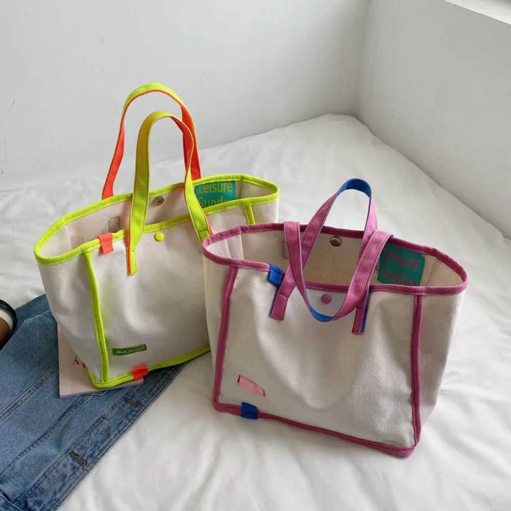 Vegan Canvas Tote Bags Women Fashion Versatile Hasp Contrast Handbags Ladies Simple Casual Large Capacity Shopping Shoulder Bag Z240910