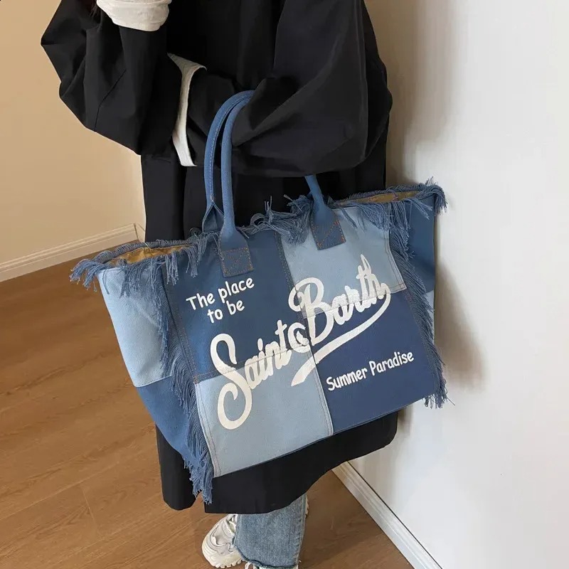 Denim Shoulder Bag With Fringe - Large Capacity Handmade Beach Tote New Free Delivery Designer Bag