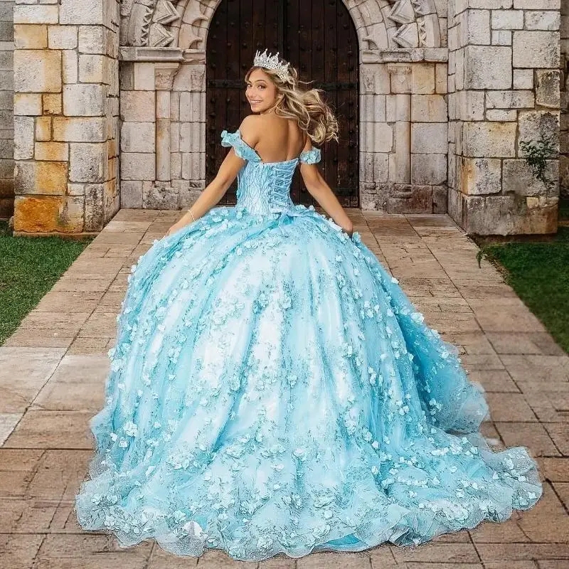 Off The Shoulder Princess Ball Gown Romantic Quinceanera Dresses Classic 3D wer Applique Beads Sweet 16 Dress Vestidos