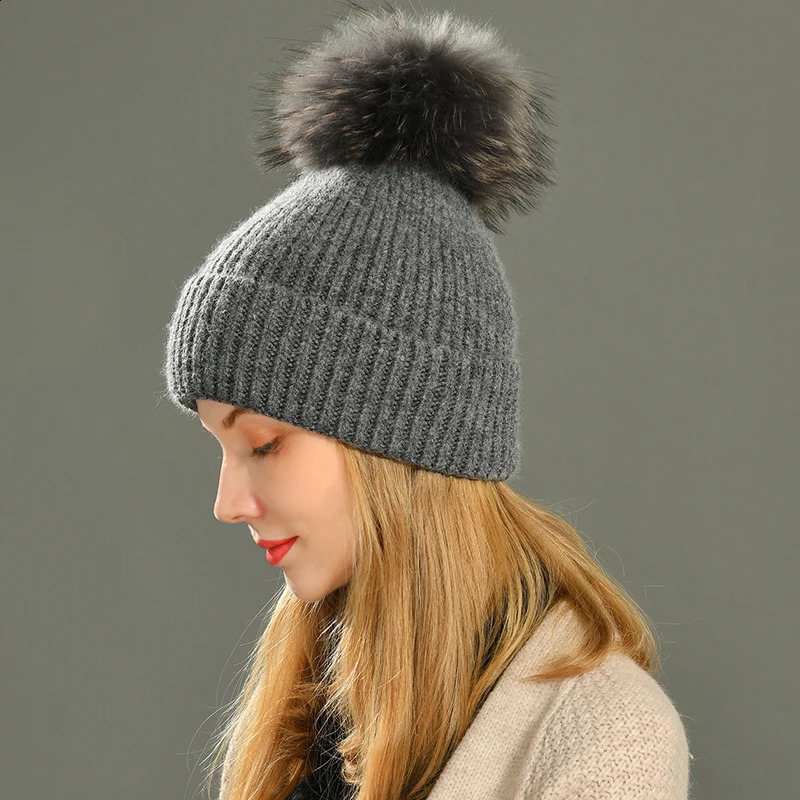 Jxwatcher Winter Hat Cashmere Knitted Beanie Big Real Fur Pom Beanie High Quality Girls Women Bonnet Winter Hats for Women 240910