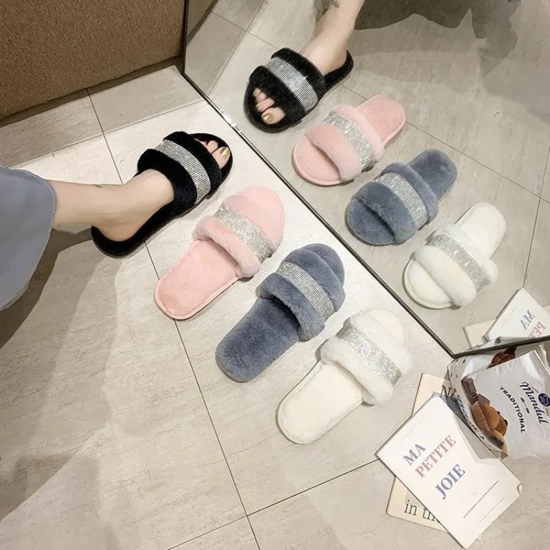 Winter Rhie Women Warm Fur Slippers Cozy Fluffy Furry Slides Crystal Flat Indoor Design Home Shoes Ladies 43
