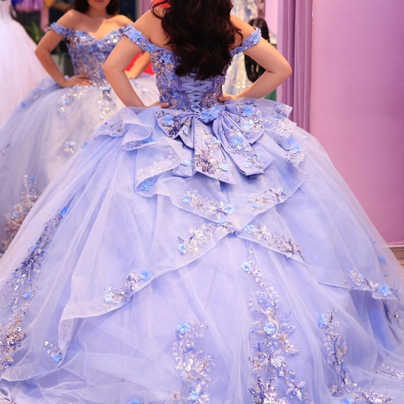 Light Lavender Sparkly Princess Quinceanera Dresses 2024 Off Shoulder Applique Lace Beads Tull Corset Gillter vestido de 15 Sweet 16 Dress