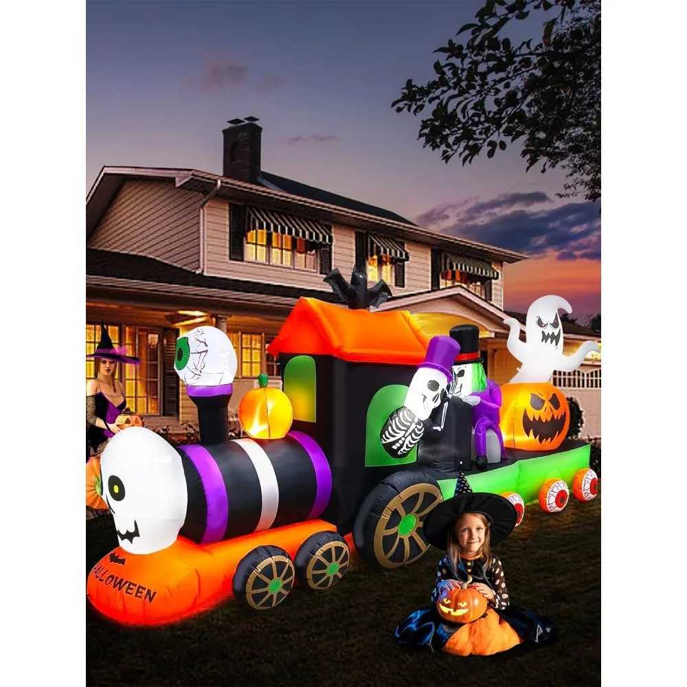 Halloween inflatable decoration blowing skeleton riding train ghost pumpkin with terrifying sounds built-in lights 13 feetX240910