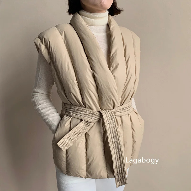 Lagabogy Winter Womens 90% White Duck Down Tank Top Knitted Splicing with Vneck Waist Coat Lace Padded Sleeveless 240910