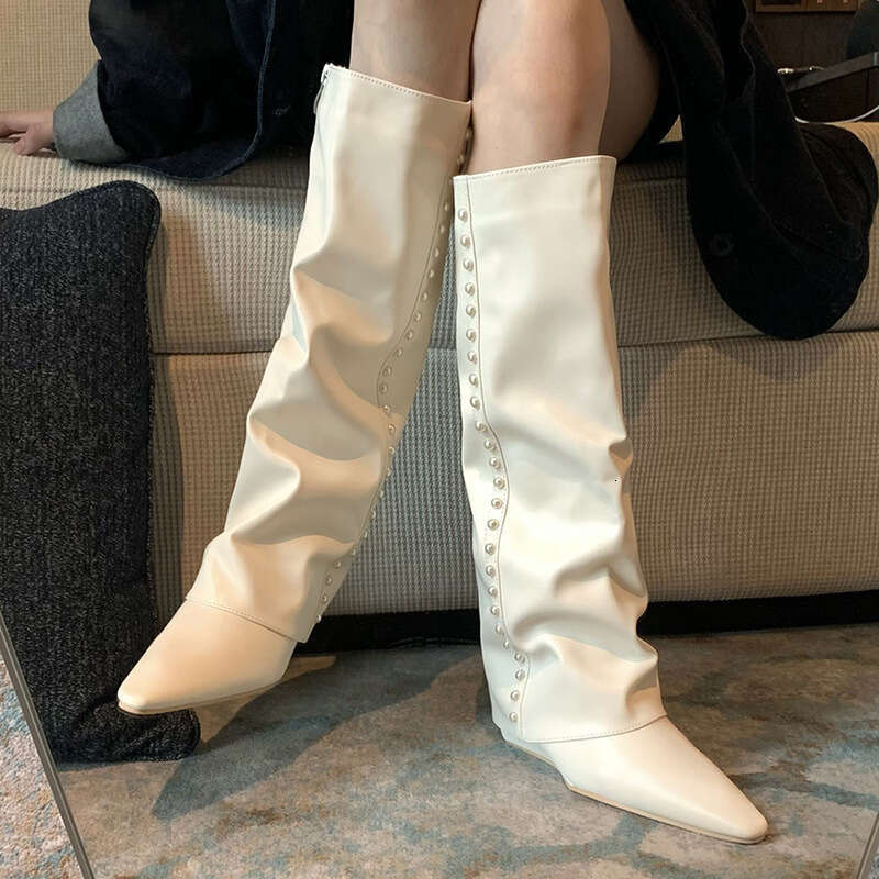 Designer Boot Show Off Skinny Legs White Leg Boots 2024 New Internet Celebrity Fat Pointed Slope Heel High Barrel Over Knee Long Tube Fashion Boots Fo