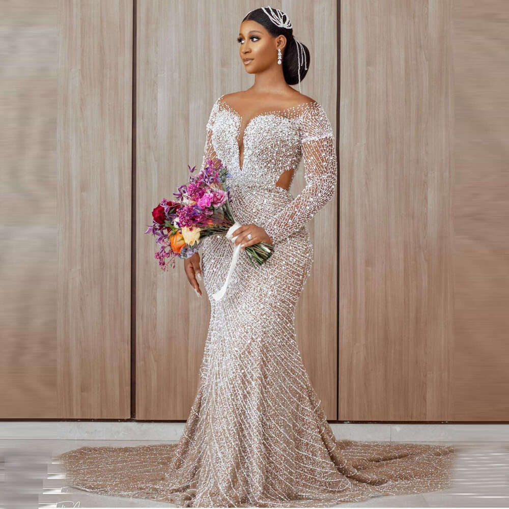 Beaded Wedding Dresses Mermaid Shape Sleeves With Long Train Champagne Aso Ebi Custom Made Bridal Gown