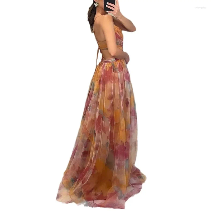 Casual Dresses Women's S-XL Size Spring Summer Mesh Printed Hanging Dress INS Holiday Leisure Party Fashion Slimming Versatile