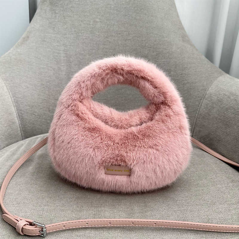 CMM Autumn winter plush handbag imitation mink fur women's small round bag shoulder strap crossbody bags dumpling bag 240915