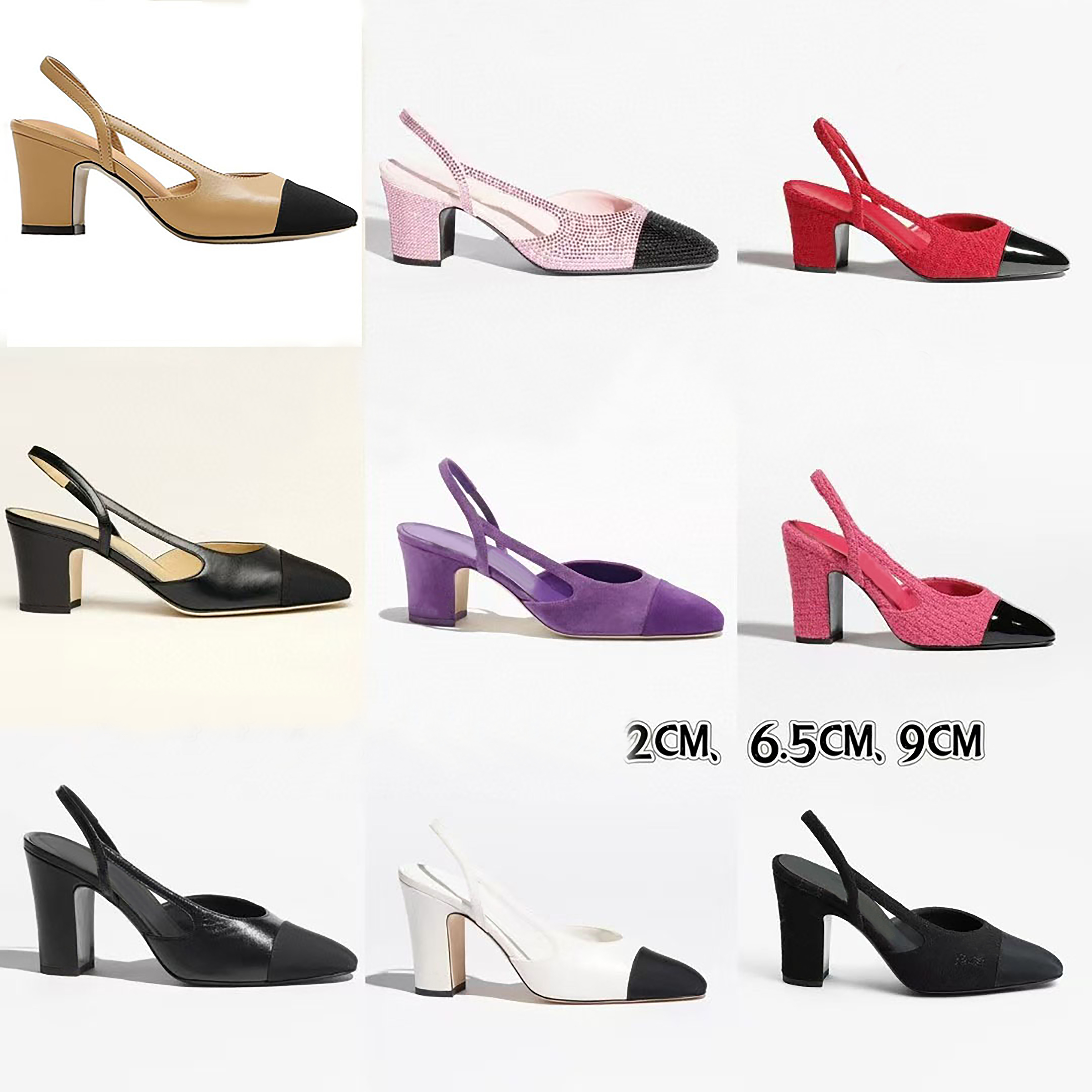 Dress shoes designer heels 6.5cm 100% genuine leather Slingback pump EU34-43 Women Back lace-up shoes canvas tweed Rhinestone Kitten Heel Fashion Classic Sandals