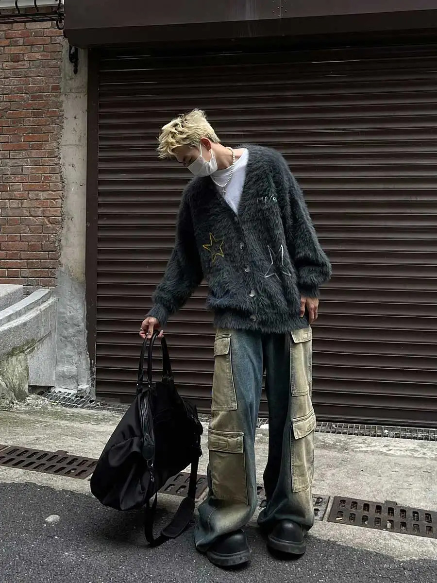 REDDACHiC Men Braided Star Mohair Sweater Jacket Gray V-neck Long Sleeves Knitted Cardigan Y2k Vintage Casual Autumn Winter Coat 240906