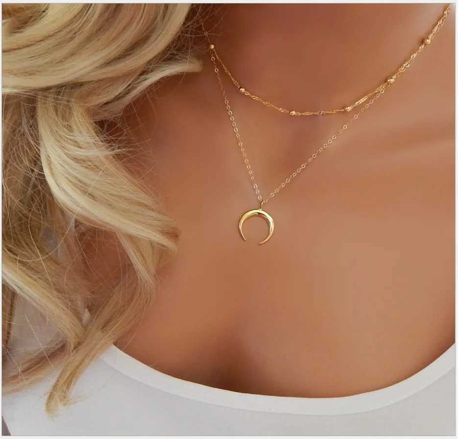 Two layers Necklace metal Bead Choker plated chain Moon Ox Horn pendant Silver color gold color for Women Girls GiftX240910