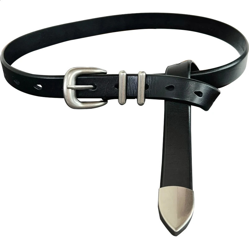 Womens Retro Silver Black Belt Leather Cowboy Buckle 240909