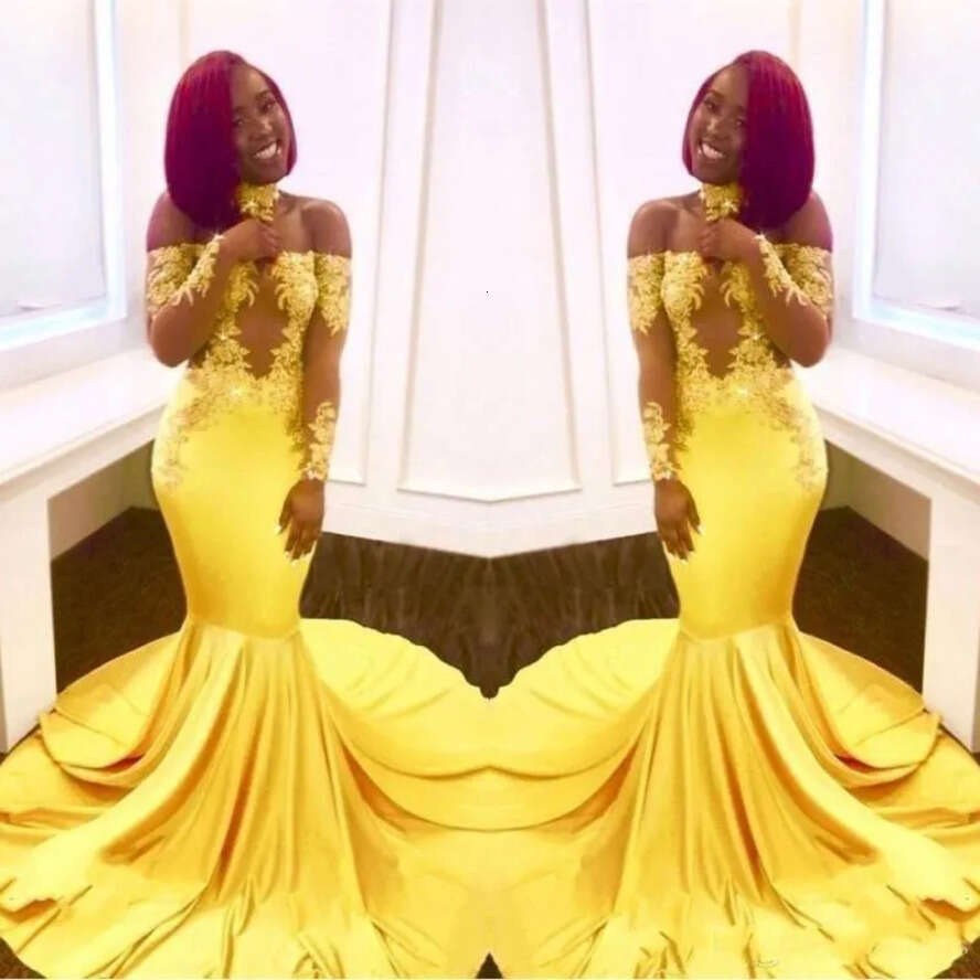 Sexy Prom Yellow Mermaid Dresses Off Shoulder Illusion Lace Appliques Long Sleeves Keyhole Sweep Train Plus Size Party Evening Gowns
