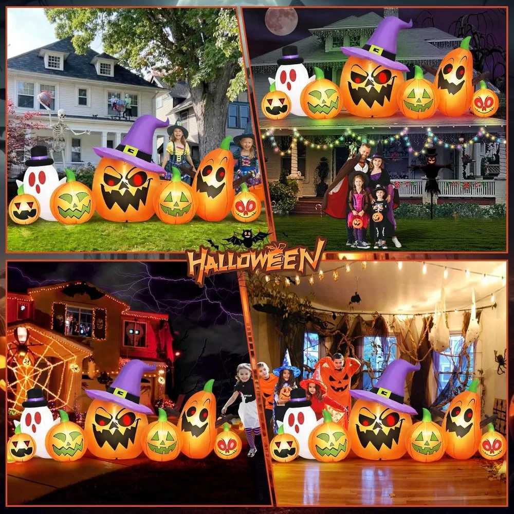 8-foot long Halloween inflatable outdoor decoration haunted inflatable pumpkin with witch hat and ghost combination blowing courtyardX240910