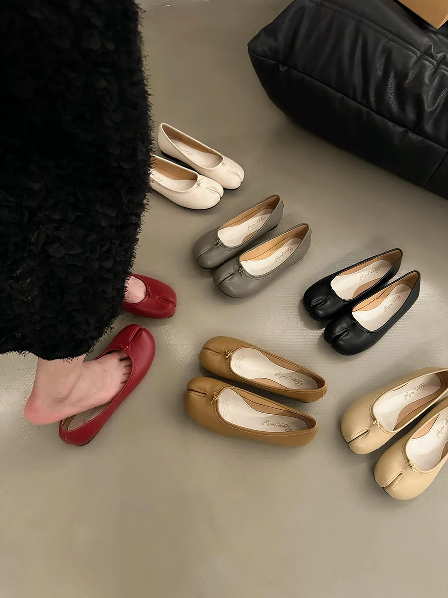 Bailamos Flats Tabi Ninja Round Split Toe Shallow Women Single Lazy Slip On Sgback Mules Leather Shoes Soft Loafe 240906